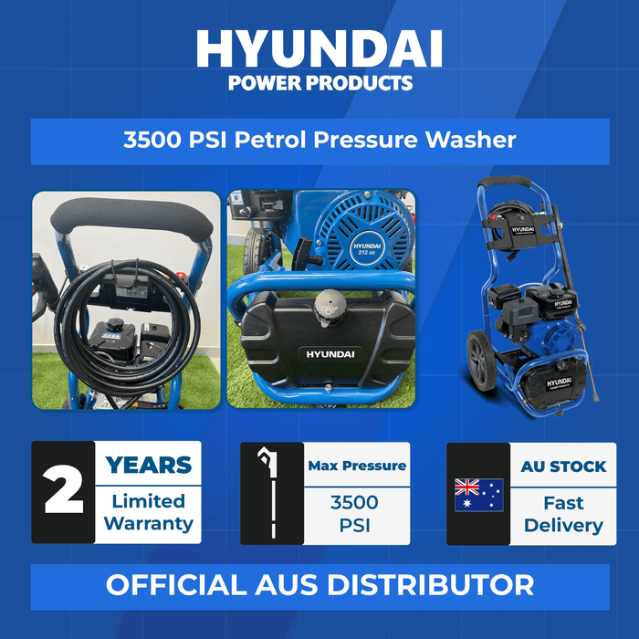 Hyundai 3500 PSI Petrol Pressure Washer – 212cc Engine, 3200W, 6m Hose, 24M Warranty (HY3200H)