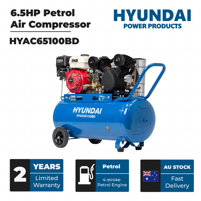Hyundai 6.5HP Petrol Air Compressor – 100L Tank, 116PSI, Belt Drive, 312L/min, Portable & Heavy-Duty (HYAC65100BD)