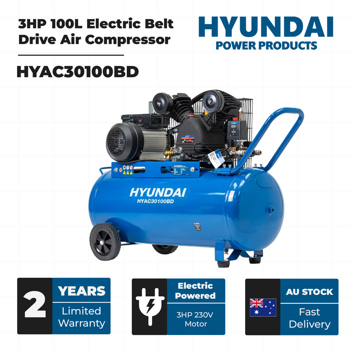 Hyundai 3HP 100L Electric Belt Drive Air Compressor – 314L/min, 11.1 CFM, 8 Bar, Portable & Heavy-Duty (HYAC30100BD)