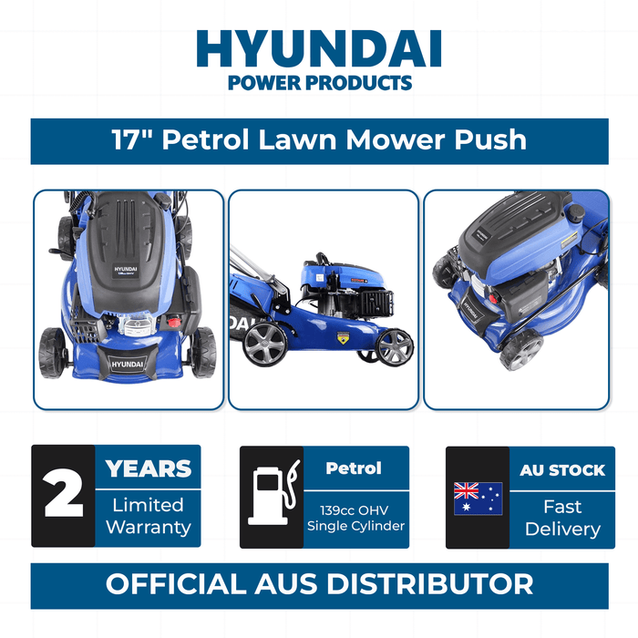 Hyundai 17" Petrol Lawn Mower Push - 145cc Engine, 6 Cutting Heights, Mulching, Compact Foldable Design (HYM42P-B)