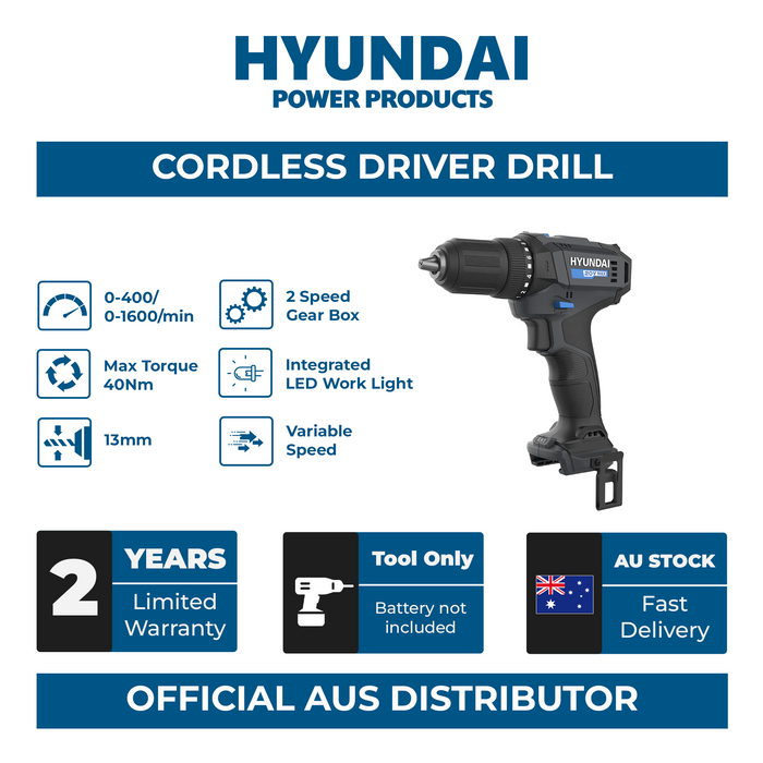 Hyundai 20V Cordless Driver Drill – 2-Speed, 40Nm Torque, LED Light, 13mm Chuck | Lightweight 1kg – SKIN ONLY (DD20S-40TT)