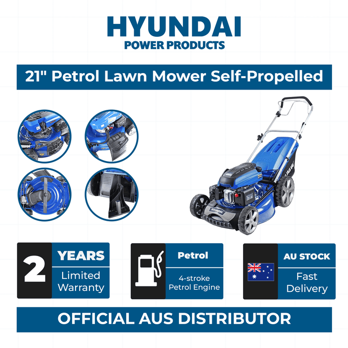Hyundai 21" Petrol Lawn Mower Self-Propelled – 196cc Engine, Steel Deck, Easy Start, OPC Safety (HYM530SP)