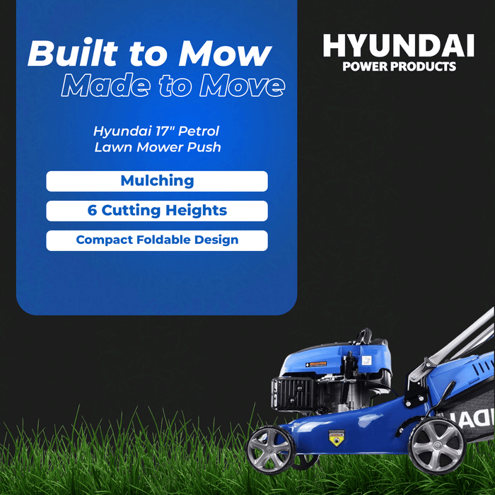 Hyundai 17" Petrol Lawn Mower Push - 145cc Engine, 6 Cutting Heights, Mulching, Compact Foldable Design (HYM42P-B)