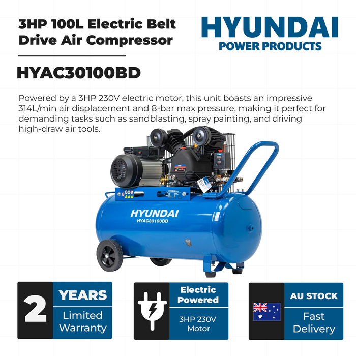 Hyundai 3HP 100L Electric Belt Drive Air Compressor – 314L/min, 11.1 CFM, 8 Bar, Portable & Heavy-Duty (HYAC30100BD)