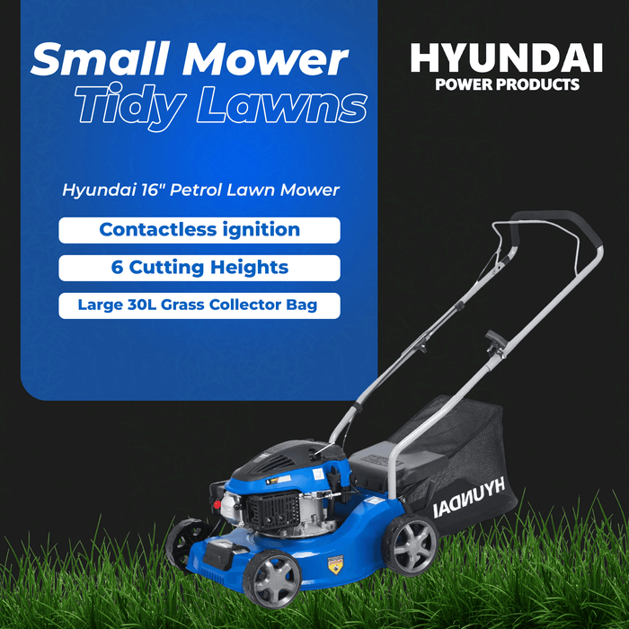 Hyundai 16" Petrol Lawn Mower – Push, 79cc OHV Engine, 6 Cutting Heights, 30L Grass Collector, Easy Start (HYM400)
