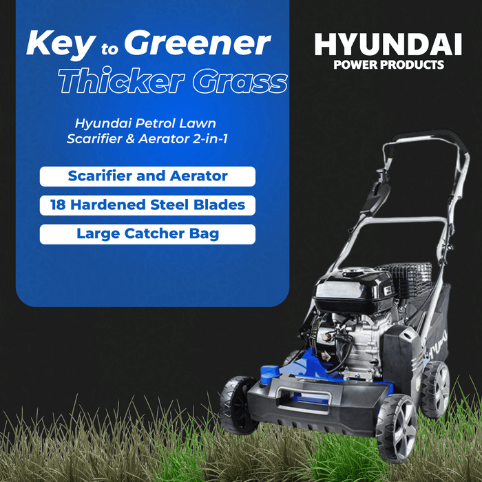 Hyundai Petrol Lawn Scarifier & Aerator 2-in-1 – 212cc Engine, 400mm Width, 45L Catcher (HYSC210)