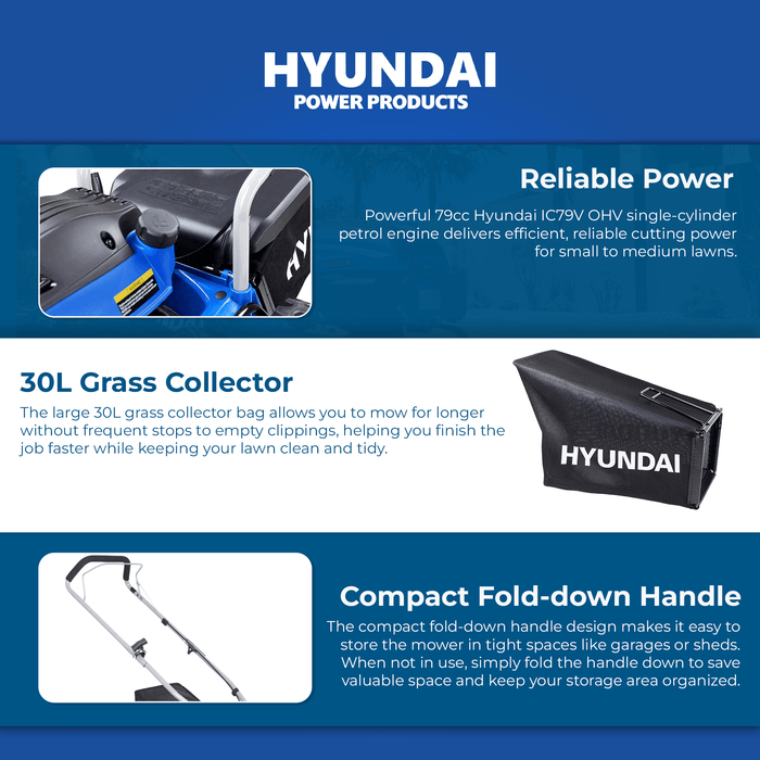 Hyundai 16" Petrol Lawn Mower – Push, 79cc OHV Engine, 6 Cutting Heights, 30L Grass Collector, Easy Start (HYM400)