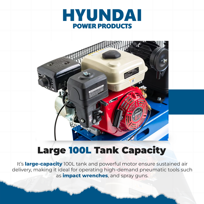 Hyundai 6.5HP Petrol Air Compressor – 100L Tank, 116PSI, Belt Drive, 312L/min, Portable & Heavy-Duty (HYAC65100BD)