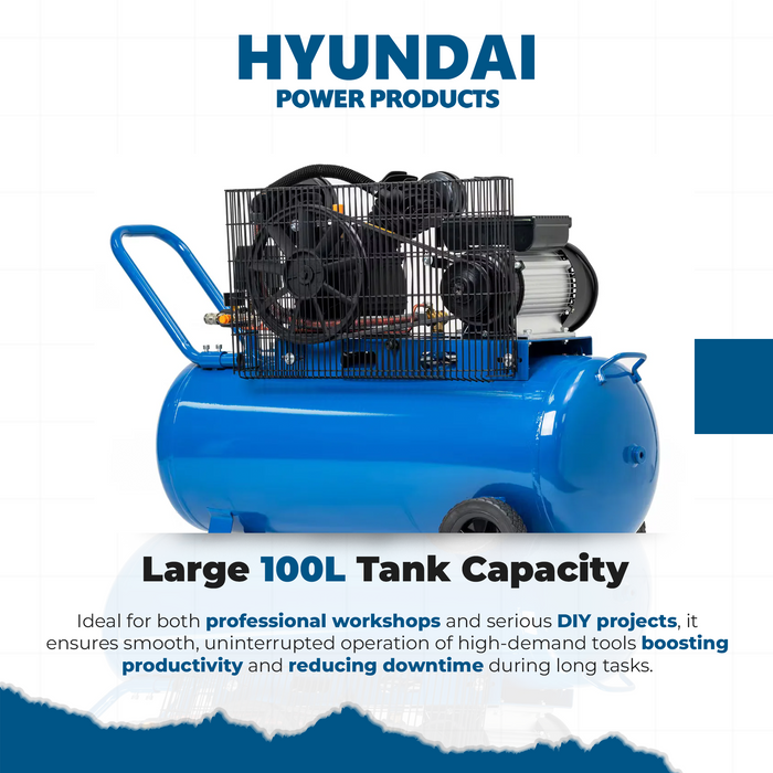 Hyundai 3HP 100L Electric Belt Drive Air Compressor – 314L/min, 11.1 CFM, 8 Bar, Portable & Heavy-Duty (HYAC30100BD)