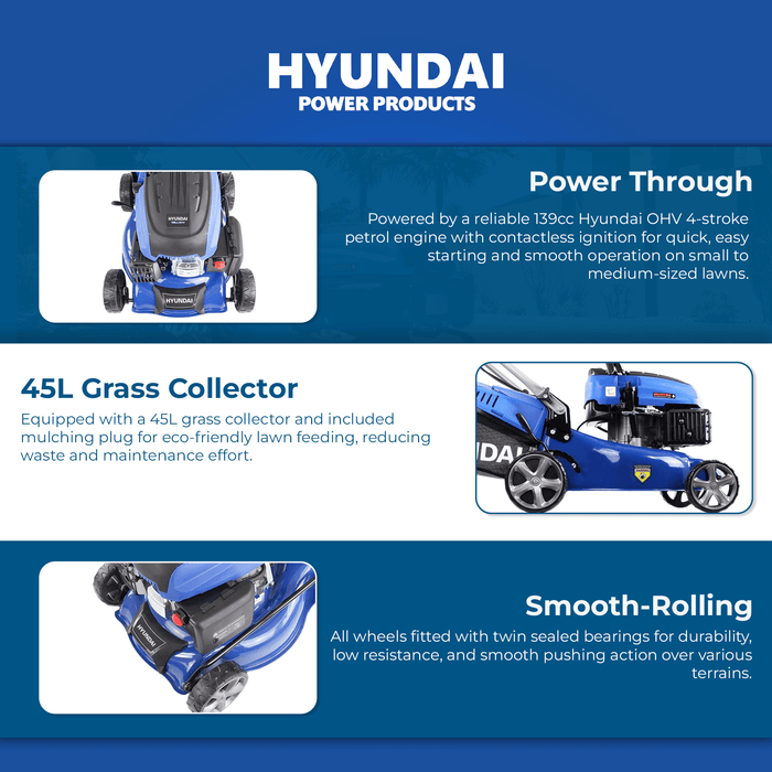 Hyundai 17" Petrol Lawn Mower Push - 145cc Engine, 6 Cutting Heights, Mulching, Compact Foldable Design (HYM42P-B)