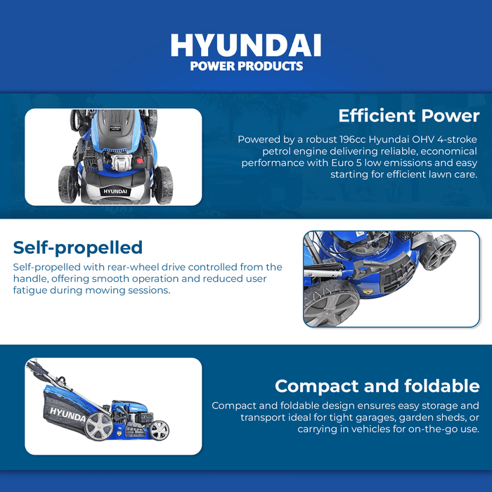 Hyundai 21" Petrol Lawn Mower Self-Propelled – 196cc Engine, Steel Deck, Easy Start, OPC Safety (HYM530SP)
