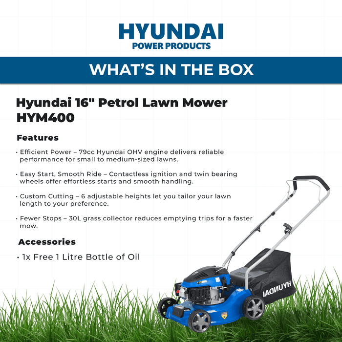Hyundai 16" Petrol Lawn Mower – Push, 79cc OHV Engine, 6 Cutting Heights, 30L Grass Collector, Easy Start (HYM400)