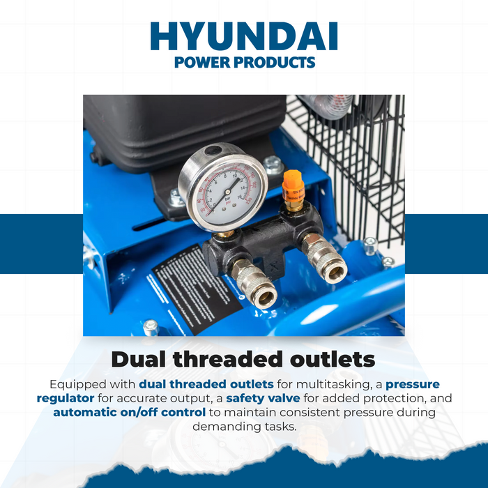 Hyundai 6.5HP Petrol Air Compressor – 100L Tank, 116PSI, Belt Drive, 312L/min, Portable & Heavy-Duty (HYAC65100BD)
