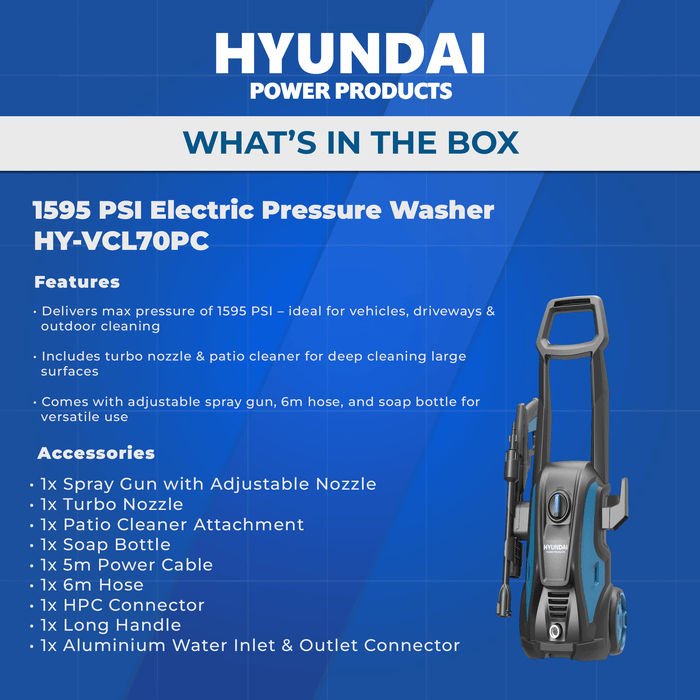 Hyundai 1595 PSI Electric Pressure Washer – 1500W, Patio Cleaner, Turbo Nozzle (HY-VCL70PC)