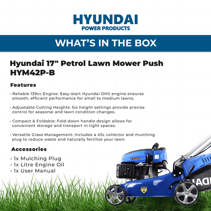 Hyundai 17" Petrol Lawn Mower Push - 145cc Engine, 6 Cutting Heights, Mulching, Compact Foldable Design (HYM42P-B)