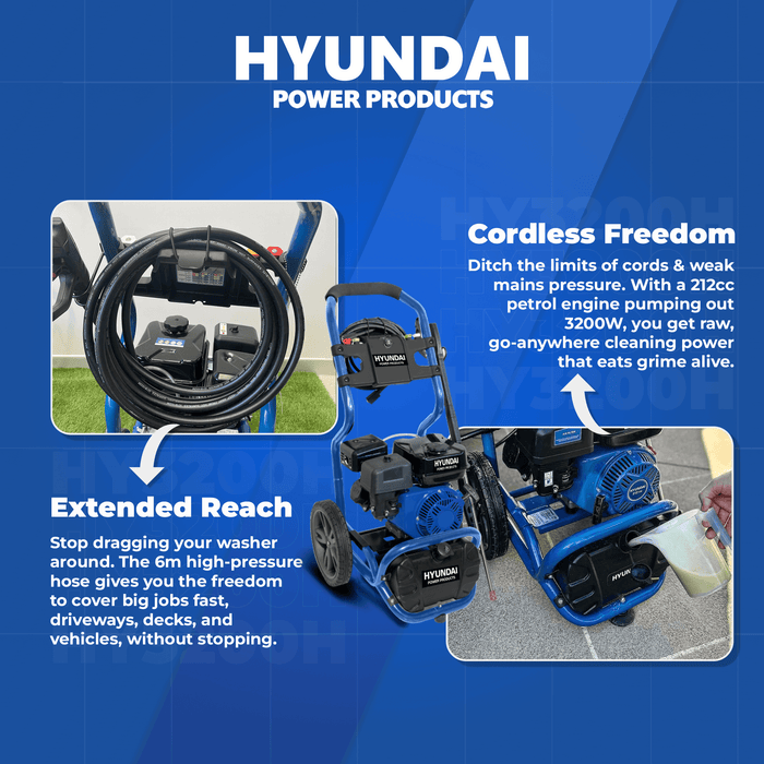 Hyundai 3500 PSI Petrol Pressure Washer – 212cc Engine, 3200W, 6m Hose, 24M Warranty (HY3200H)