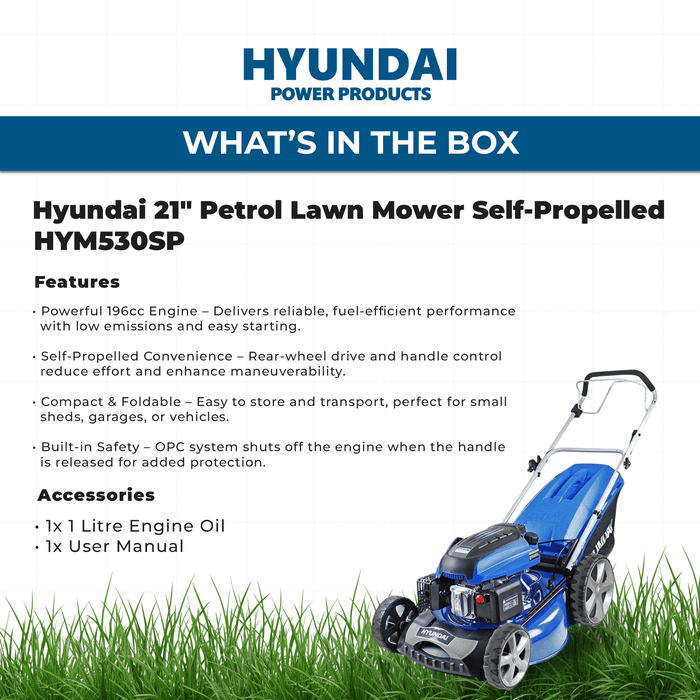 Hyundai 21" Petrol Lawn Mower Self-Propelled – 196cc Engine, Steel Deck, Easy Start, OPC Safety (HYM530SP)