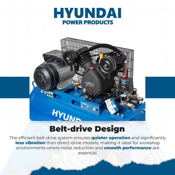 Hyundai 3HP 100L Electric Belt Drive Air Compressor – 314L/min, 11.1 CFM, 8 Bar, Portable & Heavy-Duty (HYAC30100BD)