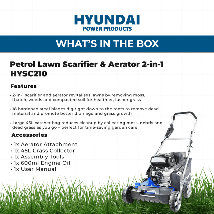 Hyundai Petrol Lawn Scarifier & Aerator 2-in-1 – 212cc Engine, 400mm Width, 45L Catcher (HYSC210)