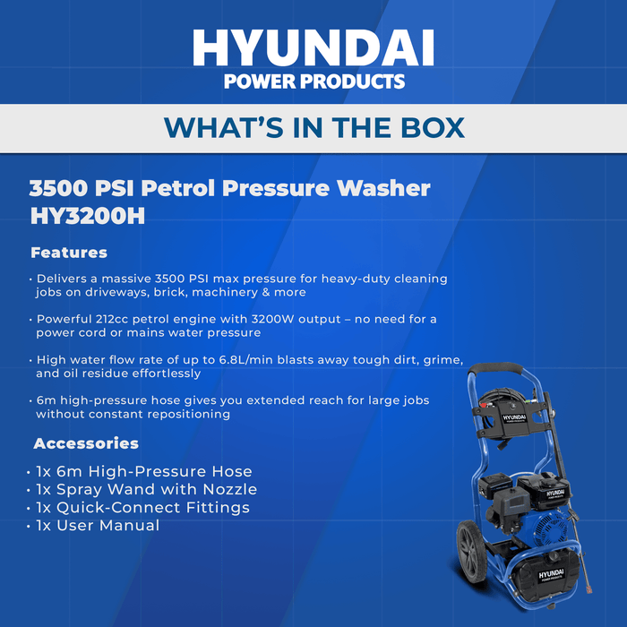 Hyundai 3500 PSI Petrol Pressure Washer – 212cc Engine, 3200W, 6m Hose, 24M Warranty (HY3200H)