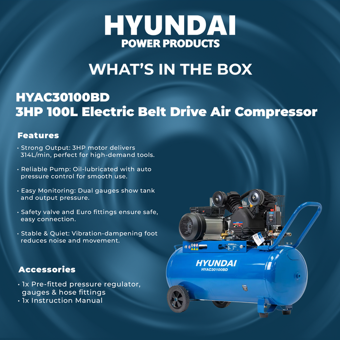 Hyundai 3HP 100L Electric Belt Drive Air Compressor – 314L/min, 11.1 CFM, 8 Bar, Portable & Heavy-Duty (HYAC30100BD)