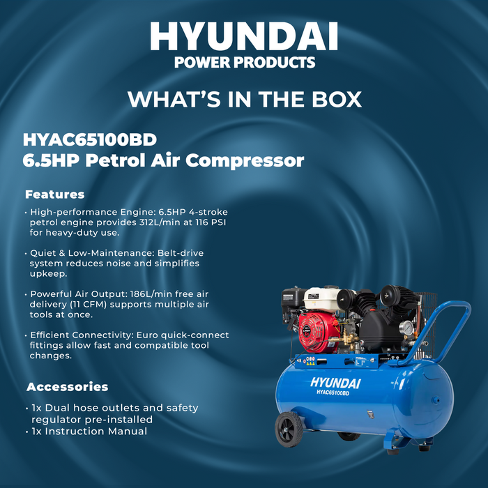 Hyundai 6.5HP Petrol Air Compressor – 100L Tank, 116PSI, Belt Drive, 312L/min, Portable & Heavy-Duty (HYAC65100BD)