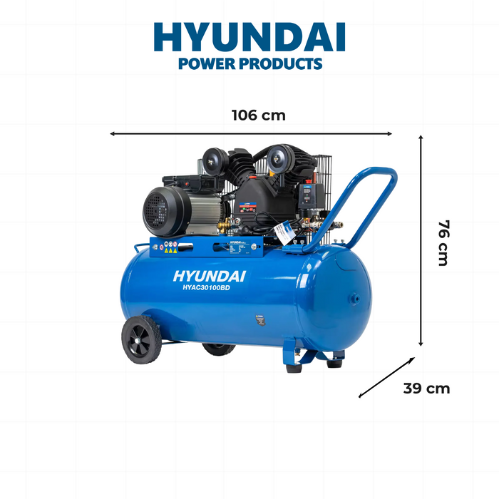 Hyundai 3HP 100L Electric Belt Drive Air Compressor – 314L/min, 11.1 CFM, 8 Bar, Portable & Heavy-Duty (HYAC30100BD)