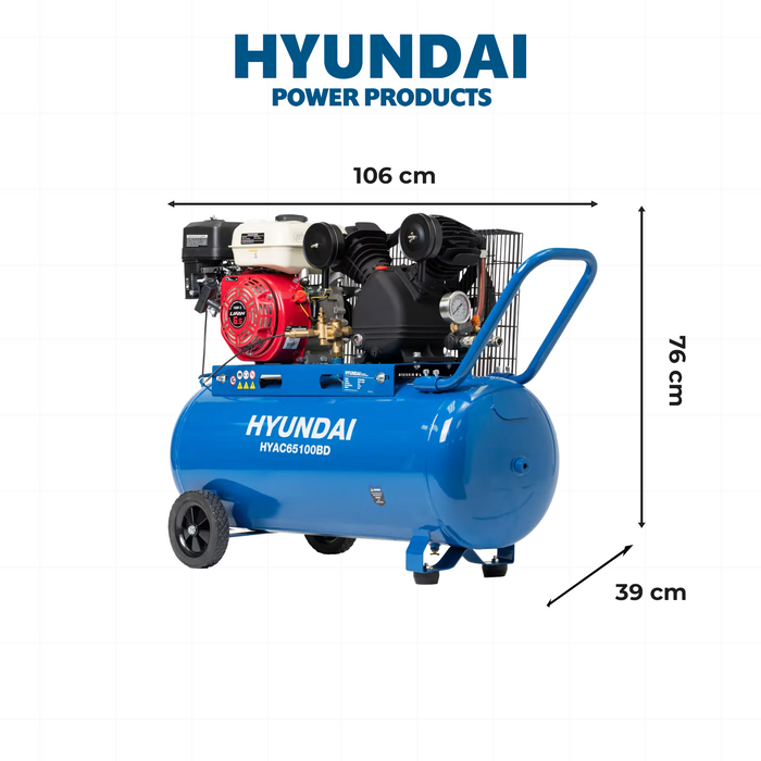 Hyundai 6.5HP Petrol Air Compressor – 100L Tank, 116PSI, Belt Drive, 312L/min, Portable & Heavy-Duty (HYAC65100BD)