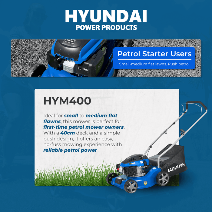 Hyundai 16" Petrol Lawn Mower – Push, 79cc OHV Engine, 6 Cutting Heights, 30L Grass Collector, Easy Start (HYM400)
