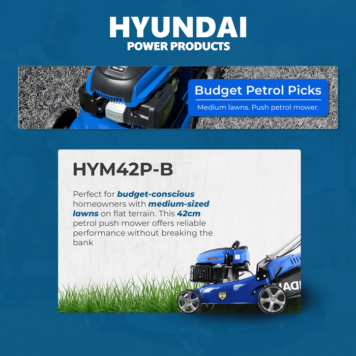 Hyundai 17" Petrol Lawn Mower Push - 145cc Engine, 6 Cutting Heights, Mulching, Compact Foldable Design (HYM42P-B)