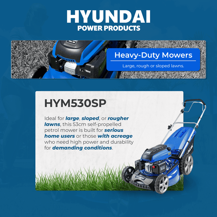 Hyundai 21" Petrol Lawn Mower Self-Propelled – 196cc Engine, Steel Deck, Easy Start, OPC Safety (HYM530SP)