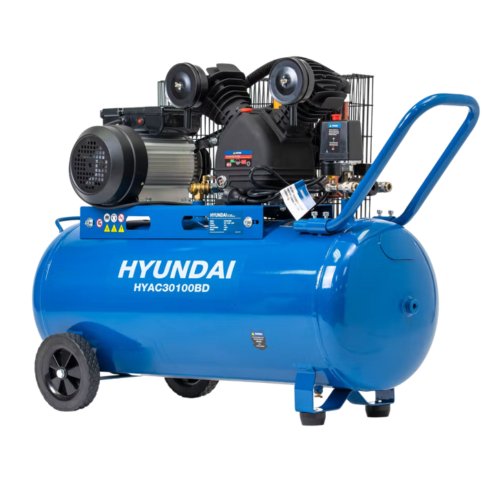 Hyundai 3HP 100L Electric Belt Drive Air Compressor – 314L/min, 11.1 CFM, 8 Bar, Portable & Heavy-Duty (HYAC30100BD)
