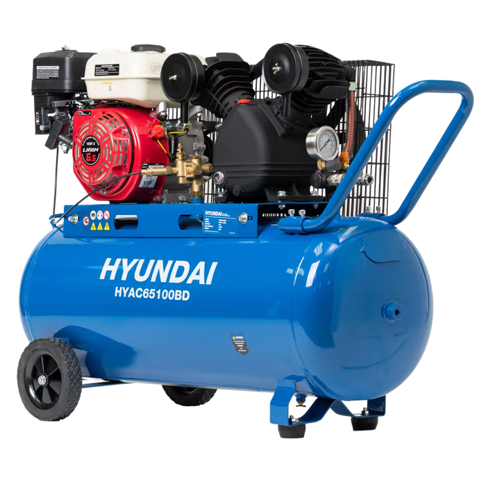 Hyundai 6.5HP Petrol Air Compressor – 100L Tank, 116PSI, Belt Drive, 312L/min, Portable & Heavy-Duty (HYAC65100BD)