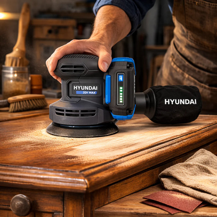 Hyundai 20V Cordless ORBITAL SANDER KIT– 125mm Variable Speed + 2.0Ah Battery & Fast Charger - Wood Sanding, Paint Prep & DIY Renovation