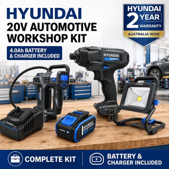 Hyundai 20V Automotive Workshop Kit – Impact Driver, Tyre Inflator, LED Work Light, 4.0Ah Battery & Fast Charger – Complete Garage Kit