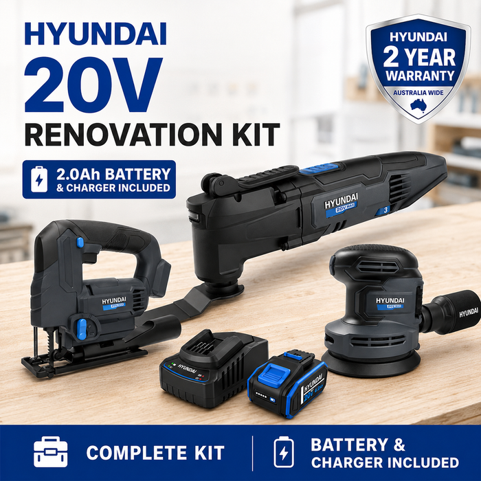 Hyundai 20V Renovation Kit – Multi Tool, Jigsaw, Orbital Sander, 2.0Ah Battery & Fast Charger – Complete Home Renovation Kit