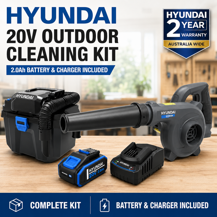Hyundai 20V Outdoor Cleaning Kit – Workshop Blower, Vacuum, 2.0Ah Battery & Fast Charger – Cordless Garage & Workshop Cleaning Kit