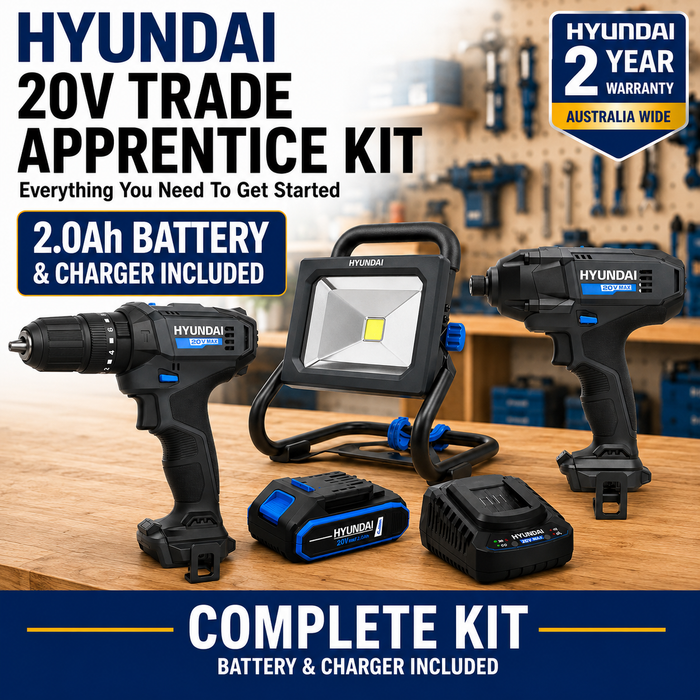 Hyundai 20V Trade Apprentice Kit – Hammer Drill, Impact Driver, LED Work Light, 2.0Ah Battery & Fast Charger – Complete Cordless Starter Kit