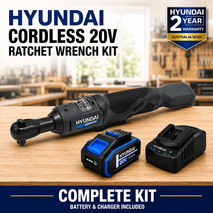 Hyundai 20V Cordless Ratchet Wrench Kit – 47Nm, LED, Compact Head, FWD/REV Switch + 20V 2Ah Lithium-Ion Battery & Charger Kit