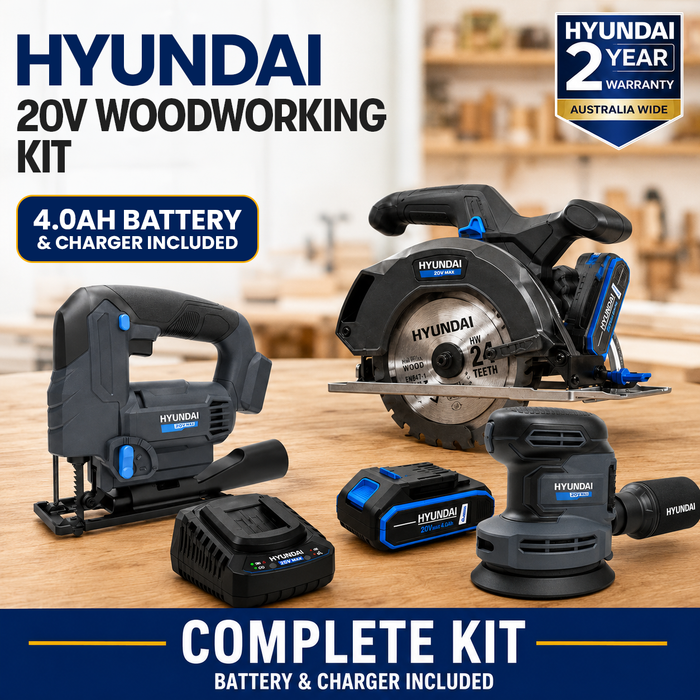 Hyundai 20V Woodworking Kit – Circular Saw, Jigsaw, Orbital Sander, 4.0Ah Battery & Fast Charger – Complete Cordless Carpentry Kit