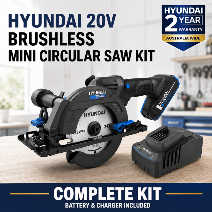 Hyundai 20V Brushless Mini Circular Saw Kit – 120mm Blade, 41mm Cut Depth + 20V 2Ah Lithium-Ion Battery & Charger Kit