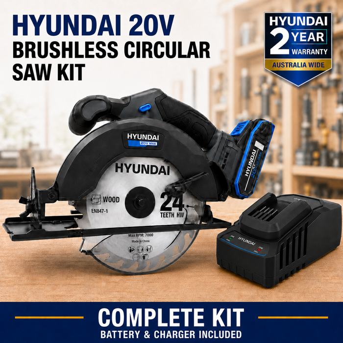 Hyundai 20V Brushless Circular Saw Kit – 190mm Blade, 67.5mm Cut Depth + 20V 2Ah Lithium-Ion Battery & Charger Kit