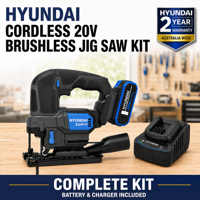 Hyundai 20V Brushless Jig Saw Kit – Adjustable Base, 4-Stage Pendulum, LED, Variable Speed + 20V 2Ah Lithium-Ion Battery & Charger Kit