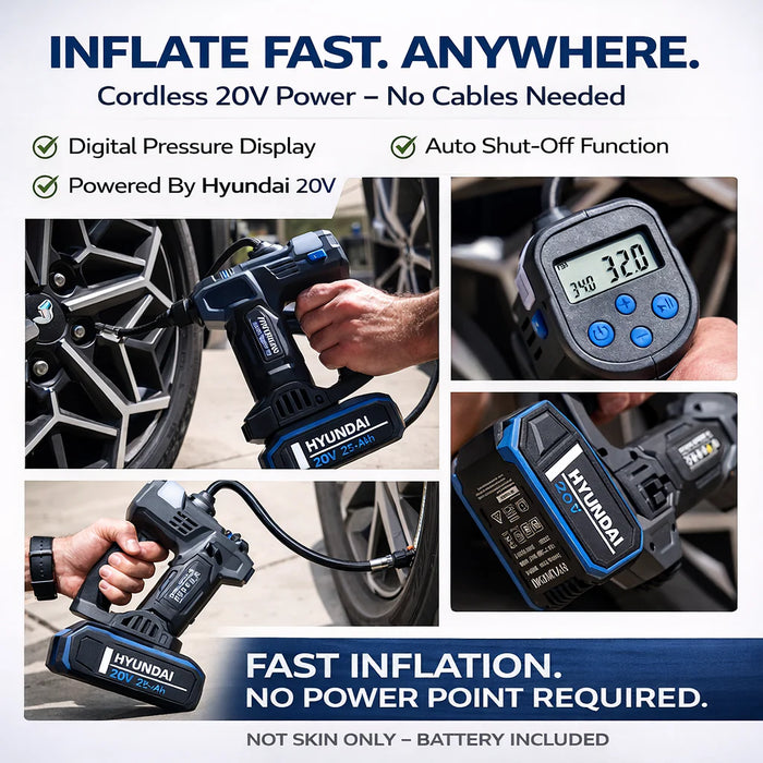 Hyundai 20V Cordless Tyre Inflator Kit – 150 PSI Portable Air Compressor + 2.0Ah Battery & Fast Charger