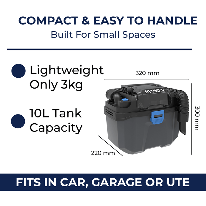 Hyundai 20V Cordless Wet & Dry Vacuum Blower – 10L Tank, HEPA, Compact Toolbox Design – Skin Only