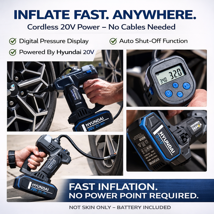 Hyundai 20V Cordless Tyre Inflator Kit – 150 PSI Portable Air Compressor + 2.0Ah Battery & Fast Charger | Car, Bike, 4WD, Camping & Emergency Tyre Pump (IF20S / B120-2 / C202-2)
