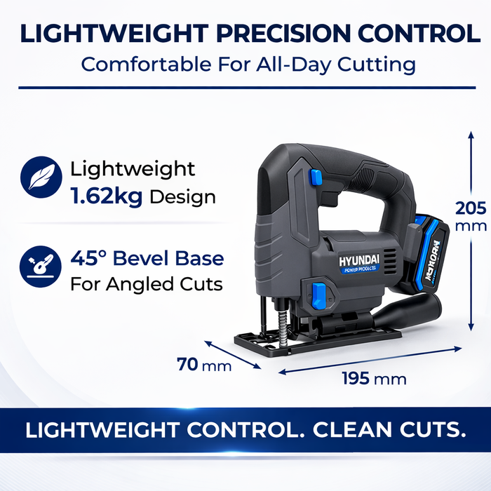 Hyundai 20V Cordless Jig Saw – Variable Speed, Tool-Free Blade, 45° Bevel, Dust Adapter - Skin Only