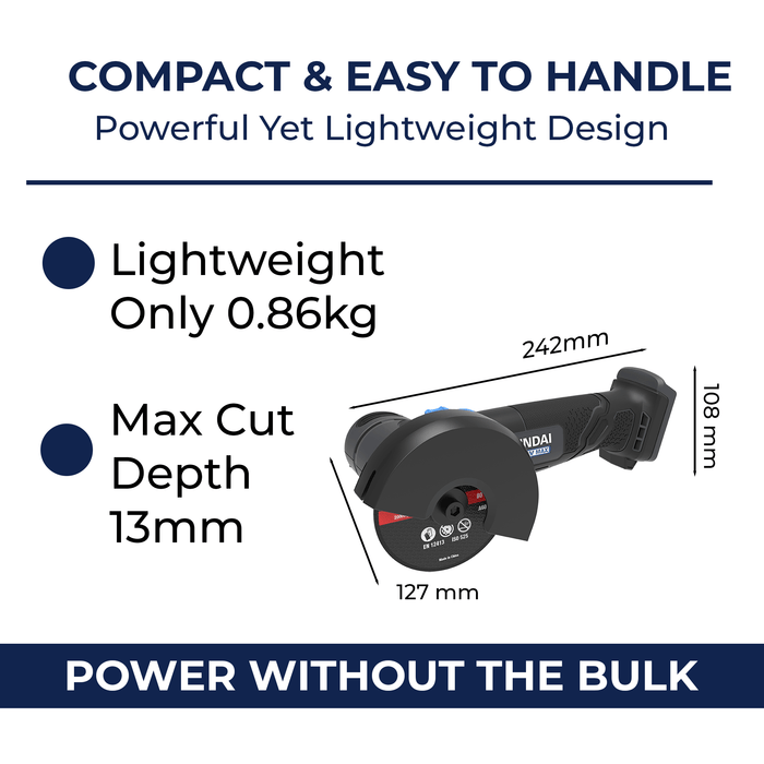 Hyundai 20V Mini Angle Grinder – 19500rpm, 76mm Disc, Tool-Free Guard - Skin Only