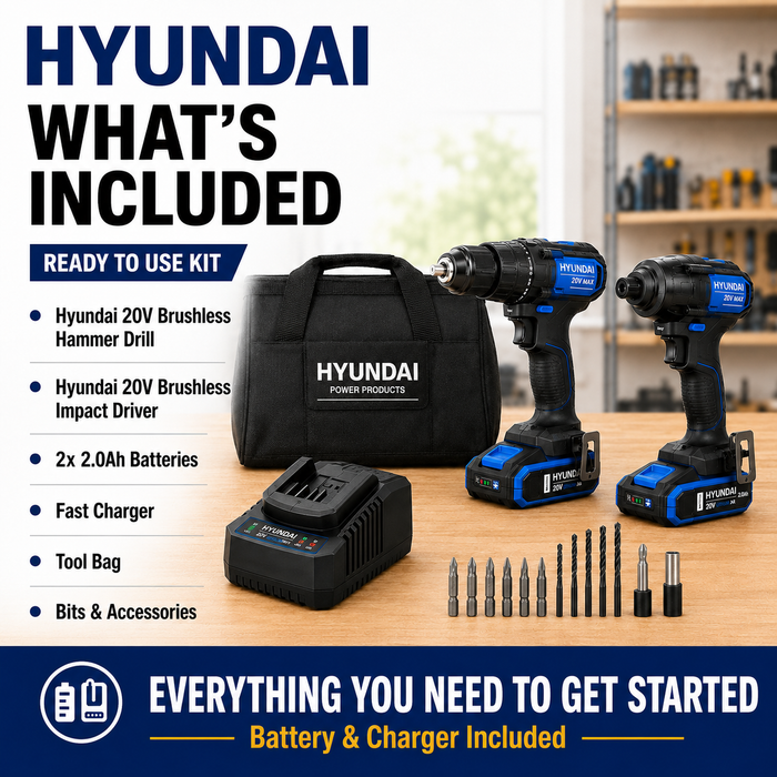 Hyundai 20V Brushless Trade Combo Kit - Brushless Hammer Drill & Impact Driver + 2 x 2Ah Batteries and Charger - Premium Trade Starter Kit