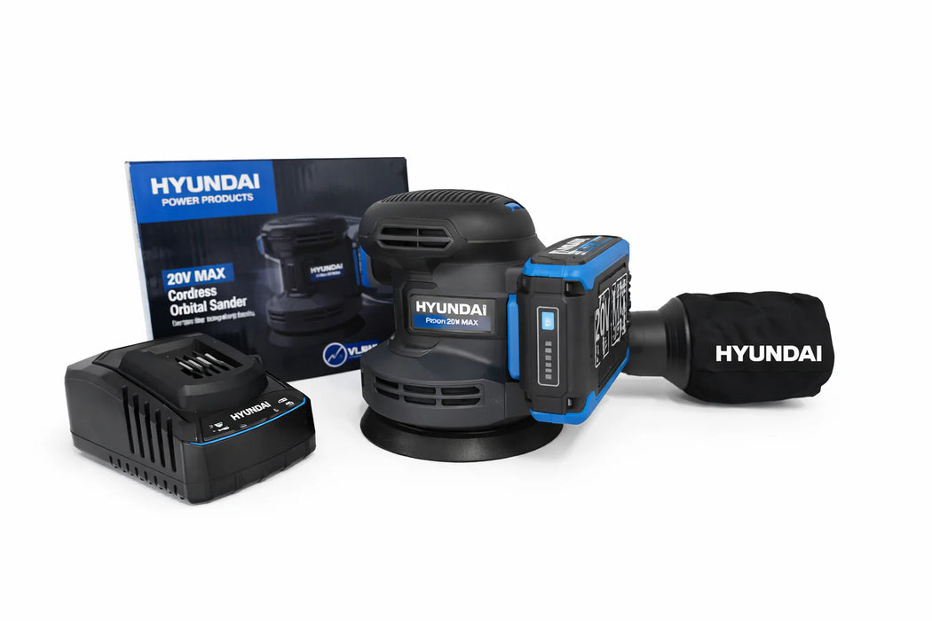 Hyundai 20V Cordless Orbital Sander Kit – 125mm Variable Speed + 2.0Ah Battery & Fast Charger - Wood Sanding, Paint Prep & DIY Renovation